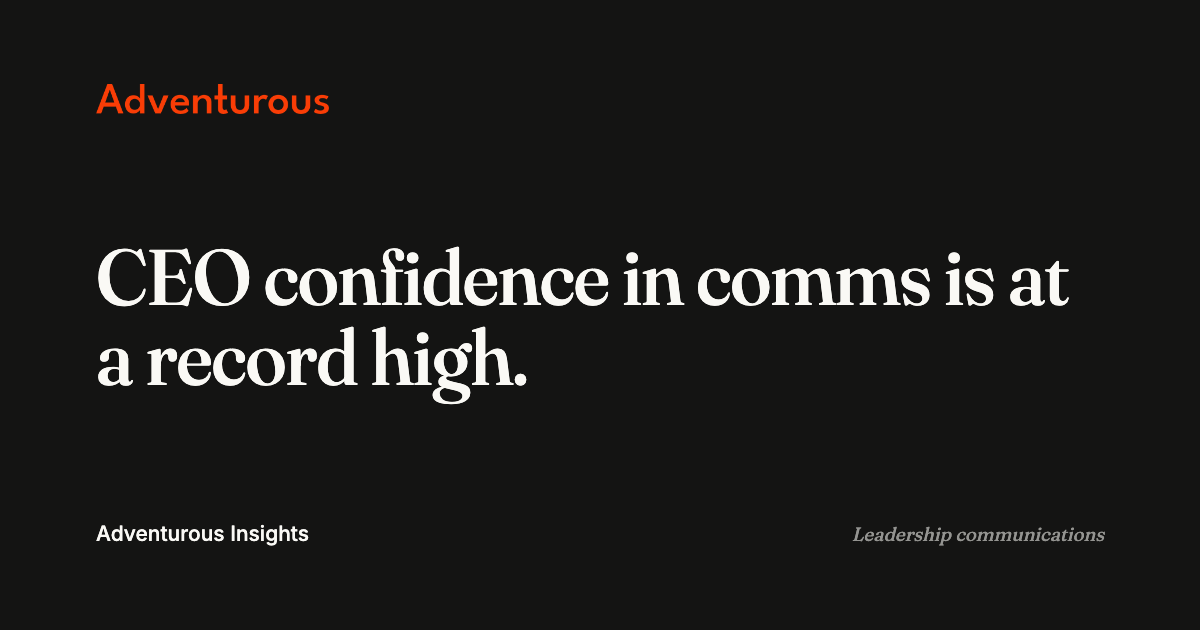 Title card: CEO confidence in comms is at a record high. Adventurous Insights, leadership communications.