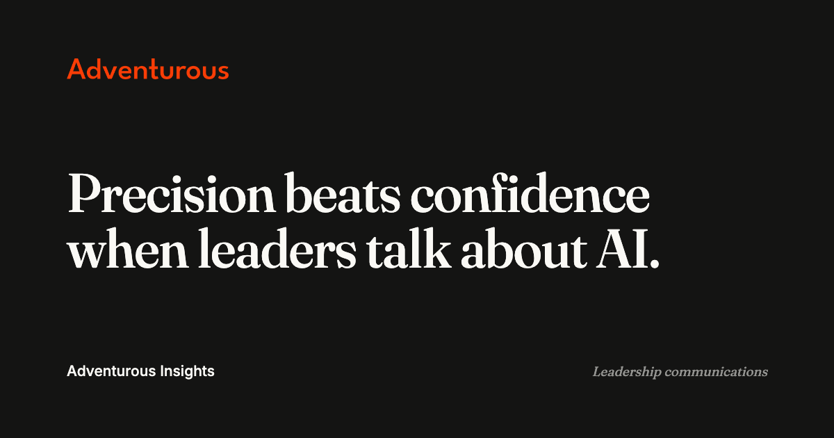 Title card: precision beats confidence when leaders talk about AI. Adventurous Insights, leadership communications.